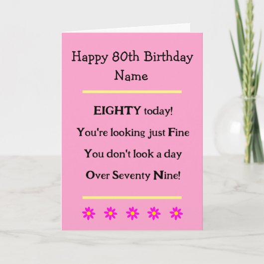 Funny 80e anniversaire Verse rose carte d'annivers (Devant)