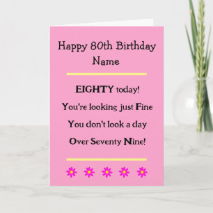 Funny 80e anniversaire Verse rose carte d'annivers