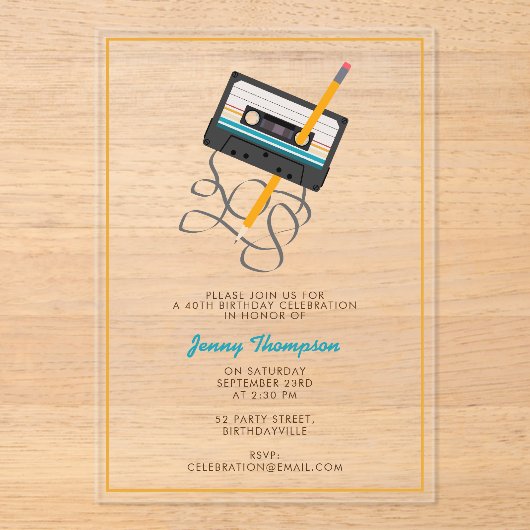 Funny 80s Muziek Retro Cassettebandje 40e Verjaard Acryl Uitnodigingen (Voorkant)