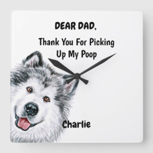 Funny Alaskan Malamute Dad Waterverf Canine Art Vierkante Klok