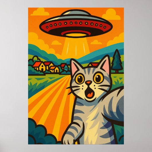 Funny Alien Cat UFO Abduction Cat Retro Pop Art Poster (Voorkant)