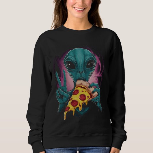 Funny Alien Head eet Pizza UFO buitenaards Trui (Voorkant)