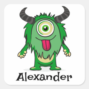 Funny Alien One Eye Green Monster Cartoon Vierkante Sticker