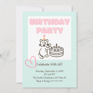 Funny and Cute Cat&Cake Birthday Uitnodiging