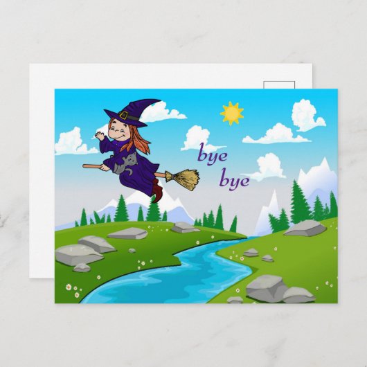 Funny and Cute Witch op een Broomstick Briefkaart (Voorkant / Achterkant)