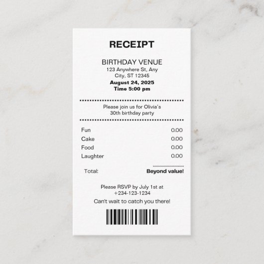 Funny, any age receipt theme Birthday invitation (Devant)