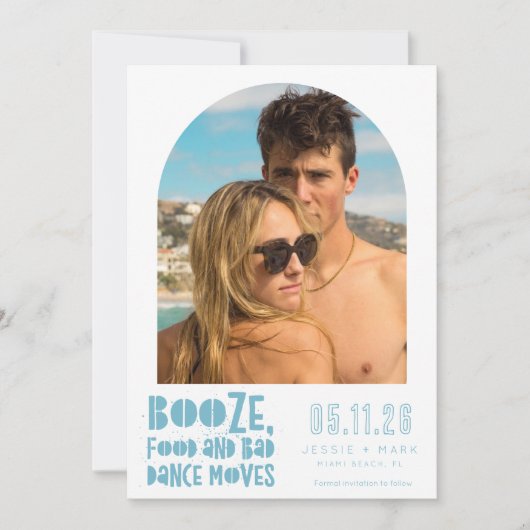 Funny Arch Photo Beach Weddenschap Save the Date (Voorkant)