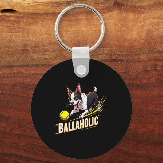 Funny Ballaholic Boston Terrier Dog Chasing Bostie Sleutelhanger (Voorkant)