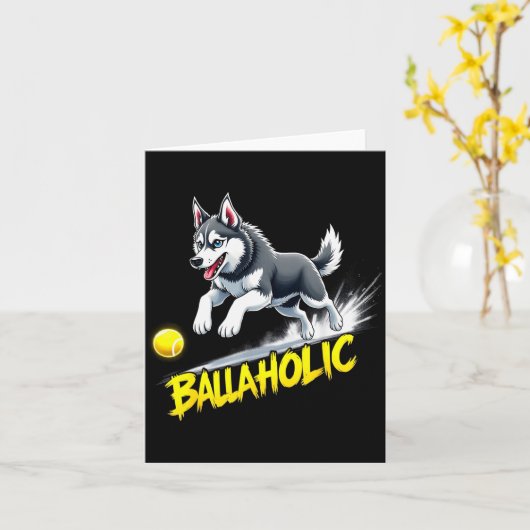 Funny Ballaholic Siberian Husky Dog Chasing Ball Kaart (Gele Bloem)