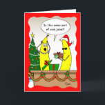 Funny Banana Christmas Card - Cartes de fin de ann<br><div class="desc">Vous cherchez des cartes de Noël à la banane ? Personnalisez votre drôle de carte de voeux banane avec votre propre message personnalisé. Vous pouvez même changer ce que dit la bulle de devis ! Cette joyeuse carte comique rouge et vert présente une banane portant un chapeau de Père Noël...</div>