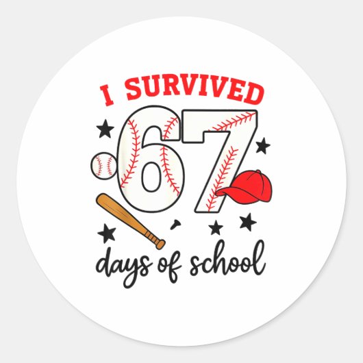 Funny Baseball I Survived 67 Days Of School Design Ronde Sticker (Voorkant)