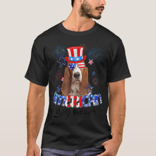 Funny Basset Hound Wearing Sunbril USA Vlag 4th T-shirt