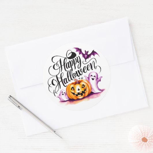 Funny Bat Ghosts and Pumpkin Happy Halloween Ronde Sticker (Envelop)