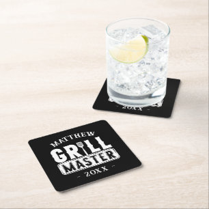 Funny BBQ Grill Master Personalized Barbecue King Vierkante Kartonnen Onderzetter