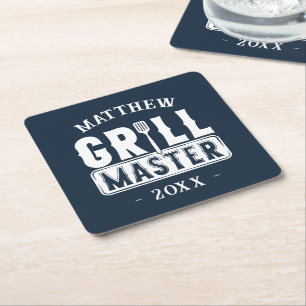 Funny BBQ Grill Master Personalized Barbecue King Vierkante Kartonnen Onderzetter