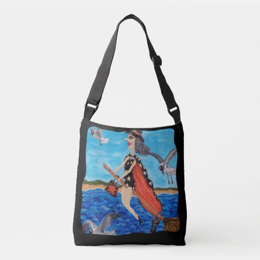 Funny Beach Witch vliegt op de zeemijlen in de Oos Crossbody Tas (Voorkant)