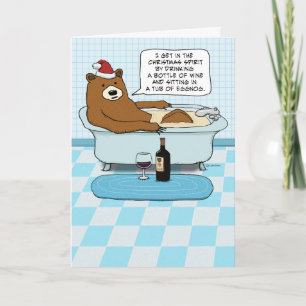 Funny Bear Drinking Wine, Soaking in Tub Christmas Feestdagen Kaart