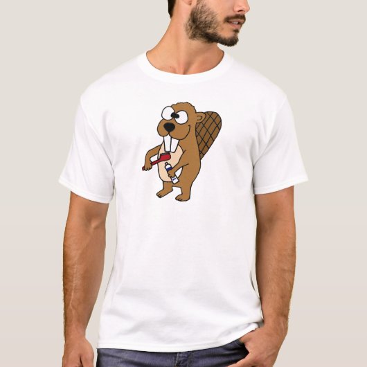 Funny Beaver Brushing Teeth Cartoon T-shirt (Voorkant)