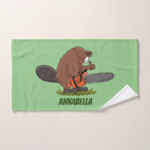 Funny beaver met kettingzaag cartoon humor bad handdoek