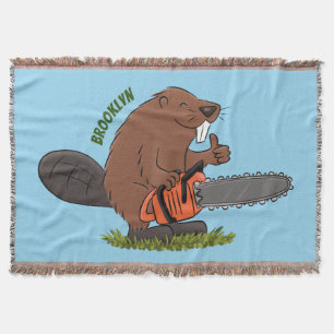 Funny beaver met kettingzaag cartoon humor deken