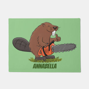 Funny beaver met kettingzaag cartoon humor deurmat