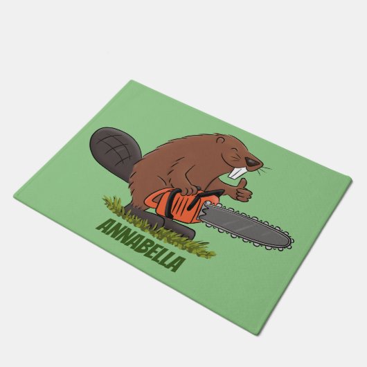 Funny beaver met kettingzaag cartoon humor deurmat (Schuin)