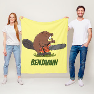 Funny beaver met kettingzaag cartoon humor fleece deken