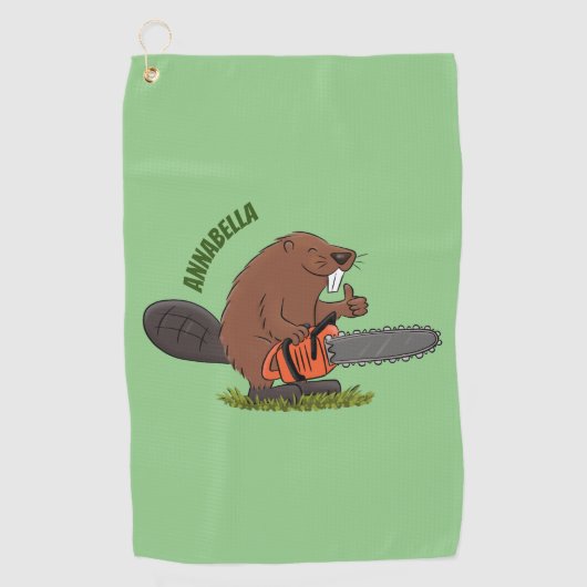 Funny beaver met kettingzaag cartoon humor golfhanddoek (Voorkant)