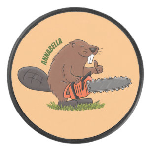Funny beaver met kettingzaag cartoon humor hockey puck