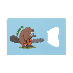 Funny beaver met kettingzaag cartoon humor kredietkaart flessenopener