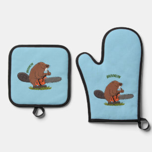 Funny beaver met kettingzaag cartoon humor ovenwant & pannenlap set
