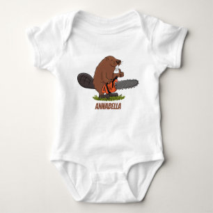Funny beaver met kettingzaag cartoon humor romper