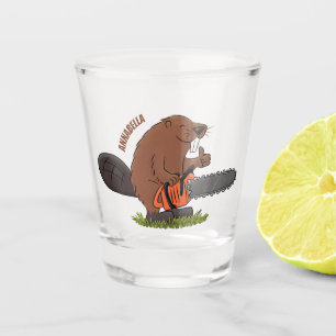 Funny beaver met kettingzaag cartoon humor shot glas