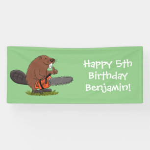 Funny beaver met kettingzaag cartoon humor spandoek