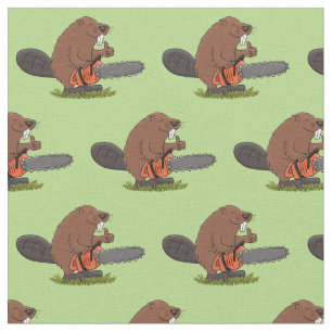 Funny beaver met kettingzaag cartoon humor stof