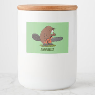 Funny beaver met kettingzaag cartoon humor voedselcontainer etiket
