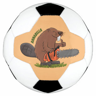Funny beaver met kettingzaag cartoon humor voetbal