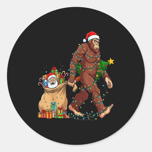 Funny Bigfoot Steals Santa &amp; Xmas Tree - Chris Ronde Sticker (Voorkant)