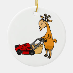 Funny Billy Goat Pushing Lawn Mower Cartoon Keramisch Ornament