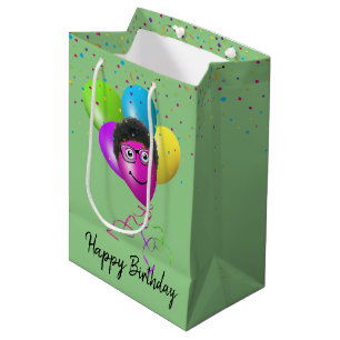 Funny Birthday Balloon Face on Green Medium Cadeauzakje