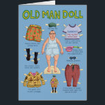 FUNNY Birthday Card - Over the Hill<br><div class="desc">Une poupée en papier d'un vieil homme montrant tous ses mecs tape-à-l'oeil, y compris un cardigan, des chaussettes et des sandales noires et un sac de nourrice. Des trucs que les vieux portent. Un cadeau ou une carte super et drôle pour le vieil minuteur, citoyen âgé, au-dessus de la colline...</div>