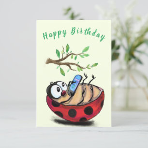 Funny Birthday Kaart Happy Ladybug met telefoon