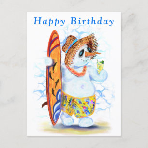 Funny Birthday Kaart met Sneeuwman Surfer