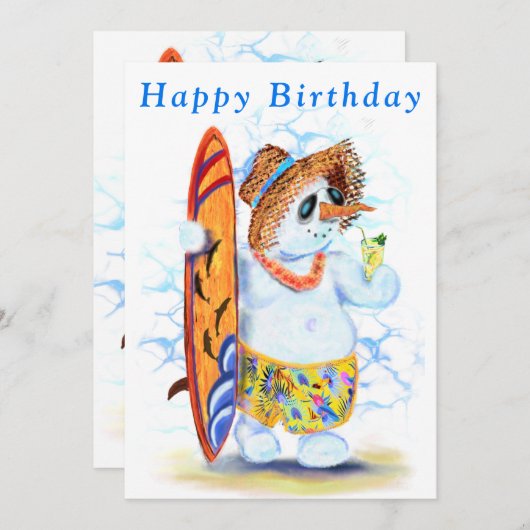 Funny Birthday Kaart Zomer Sneeuwman Surfer (Voorkant / Achterkant)