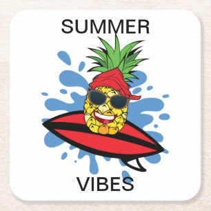 Funny Birthday Surfing Pineapple Vierkante Kartonnen Onderzetter