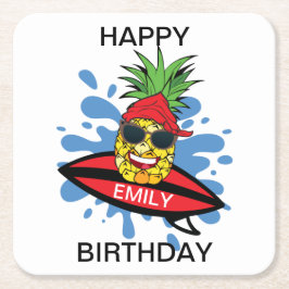 Funny Birthday Surfing Pineapple Vierkante Kartonnen Onderzetter