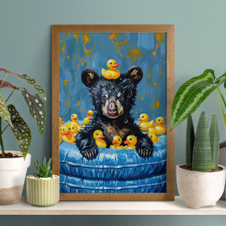 Funny Black Bear Rubber Duck Pool Poster