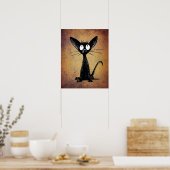 Funny Black Cat Art over  achtergrond Poster (Keuken)