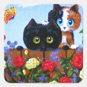 Funny Black Cat Calico Butterfly Creationarts Vierkante Sticker