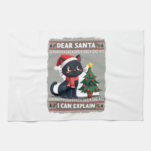 Funny Black Cat Christmas Dear Santa, I Can Explai Theedoek (Horizontaal)